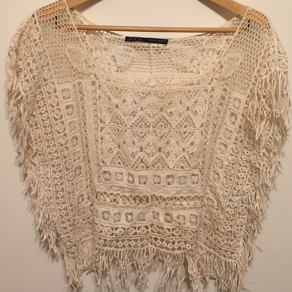 Zara Antique White Crochet Fringe Top